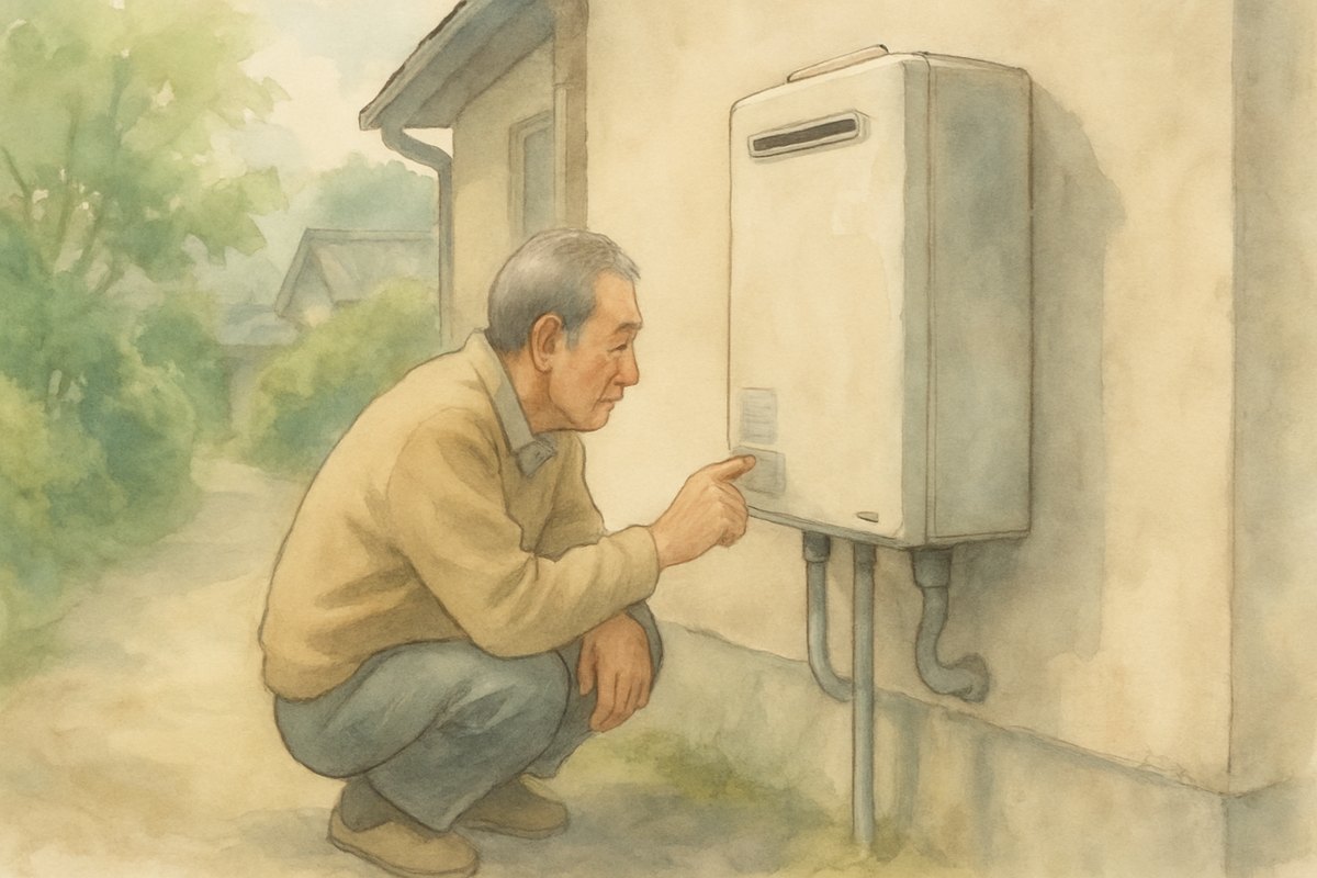 屋外の給湯器の前でしゃがみ、本体側面のシールを男性が確かめている