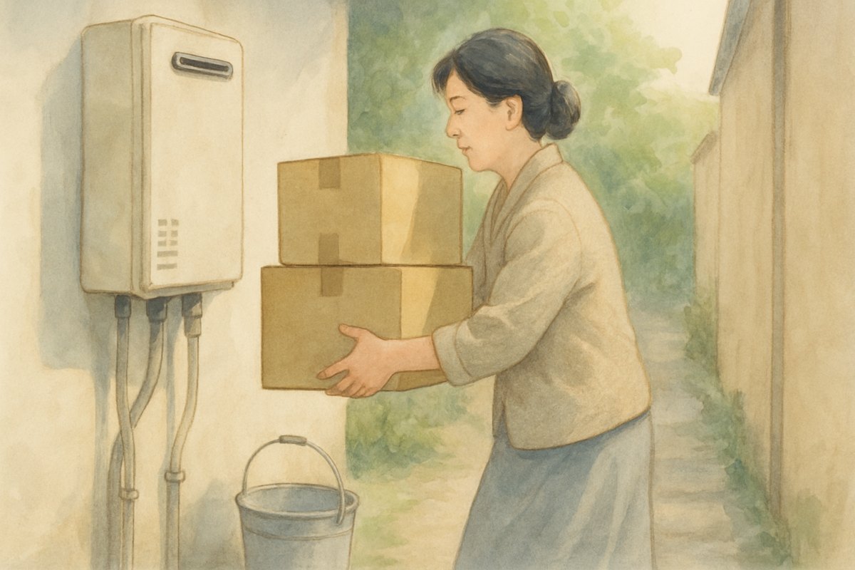 屋外の給湯器の前に置かれた荷物を、女性がどかして風の通り道を空けている