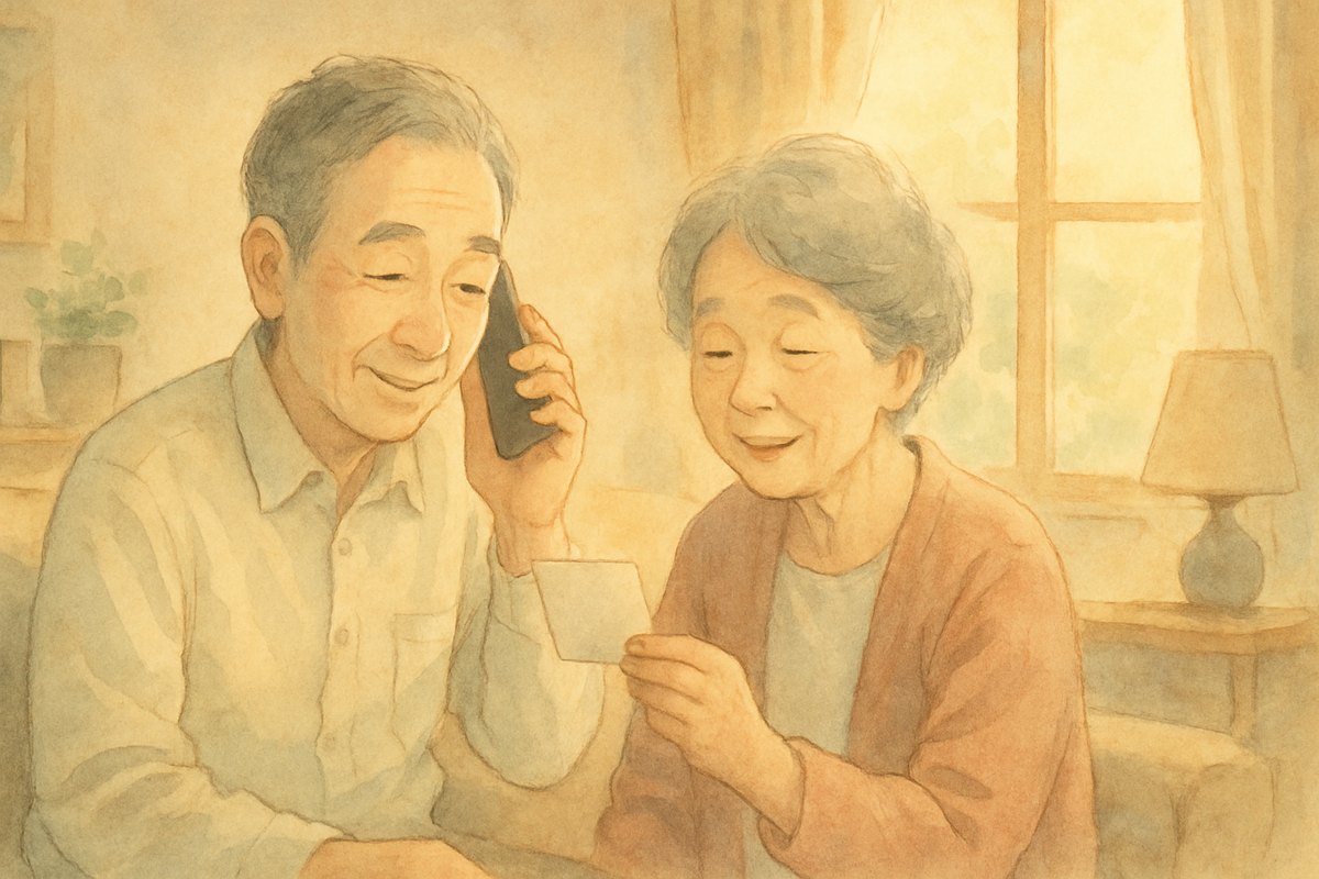 居間でメモを手に電話をかけ、修理か交換かを相談している年配の夫婦