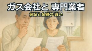 食卓で2社の見積書を並べて見比べる50代の夫婦