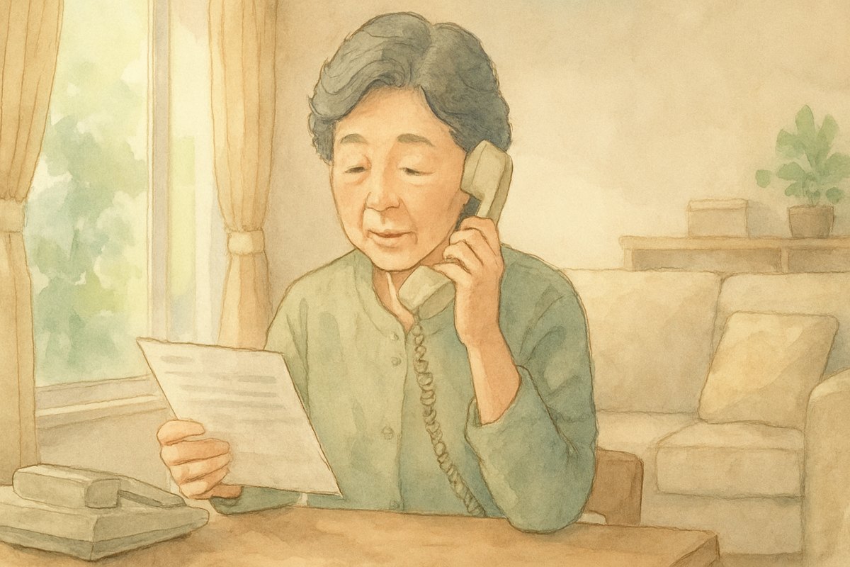 ガスの請求書を見ながら電話をかける60代の女性