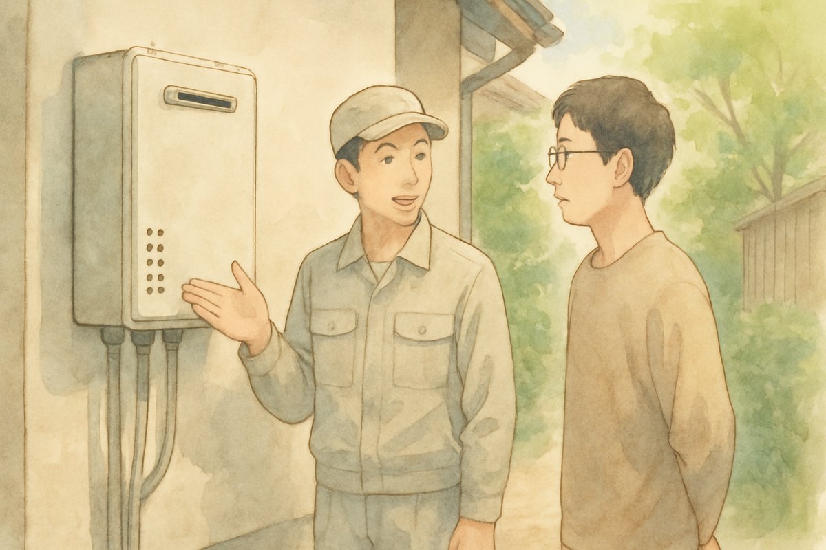 家の外壁の給湯器のそばで住人に説明する作業服の職人