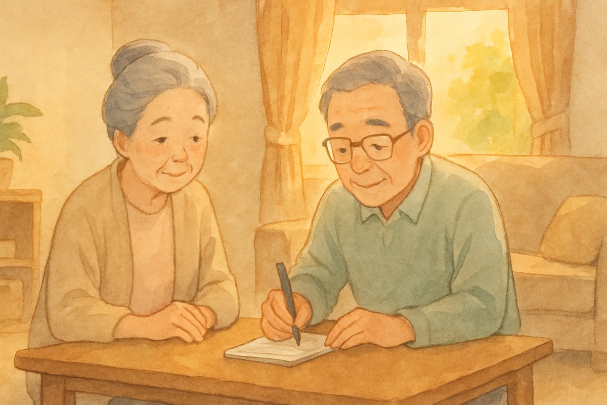 居間で見積もりの確認事項をメモに書き出す年配の夫婦