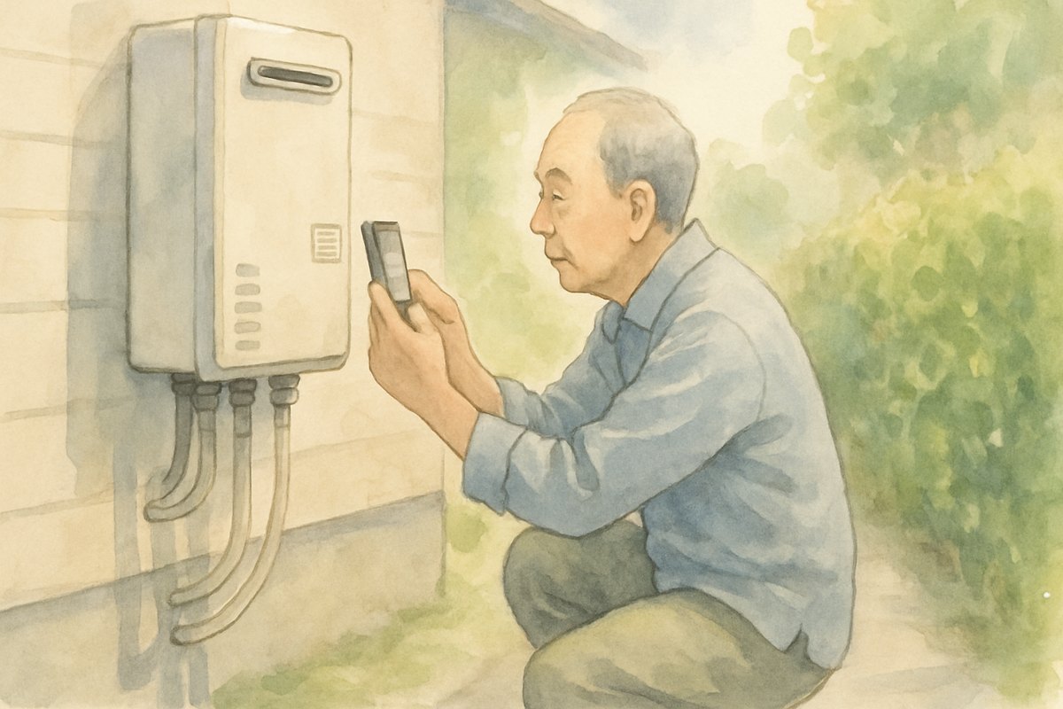屋外の給湯器の横にしゃがみ、本体に貼られたシールをスマートフォンで撮っている男性