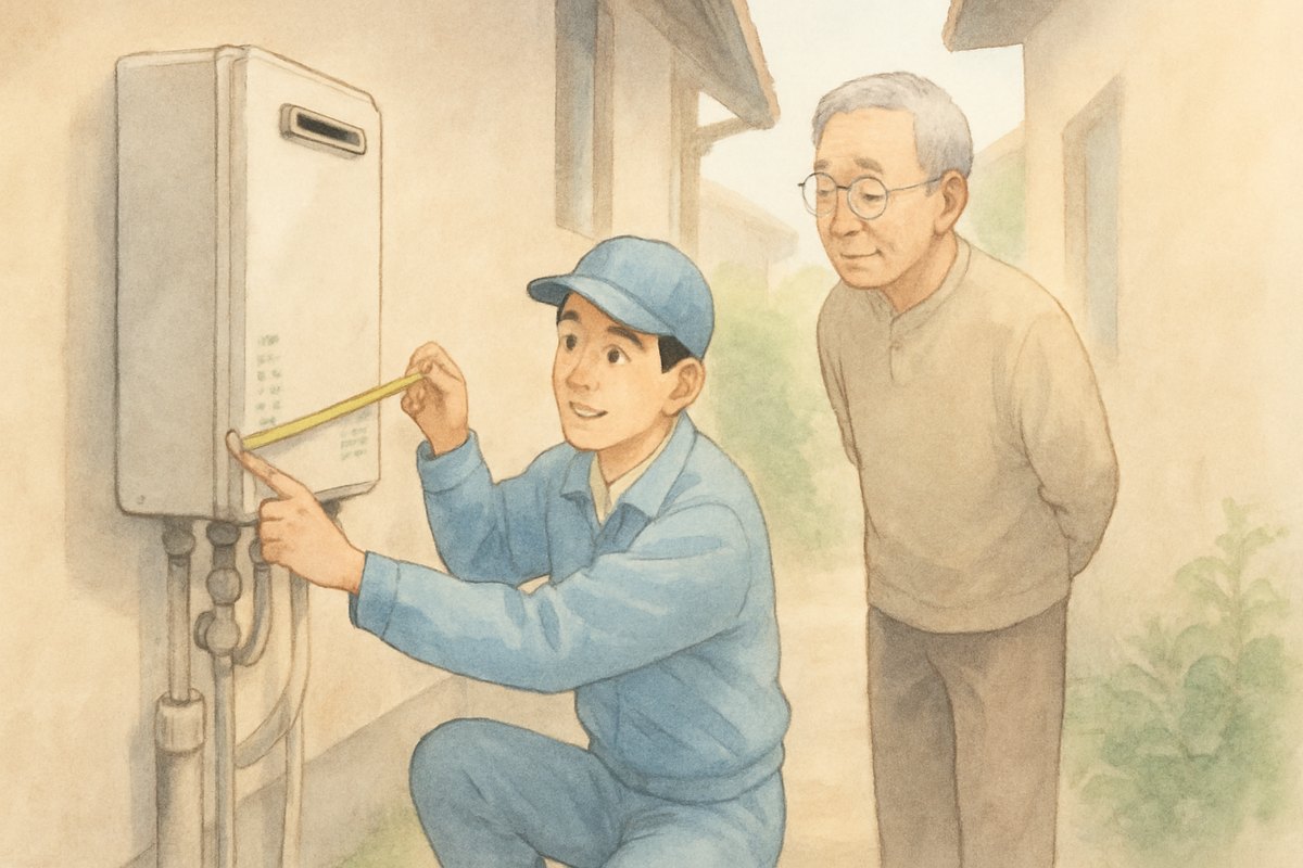 作業員が屋外の給湯器のまわりの寸法をメジャーで測り、住人に説明している