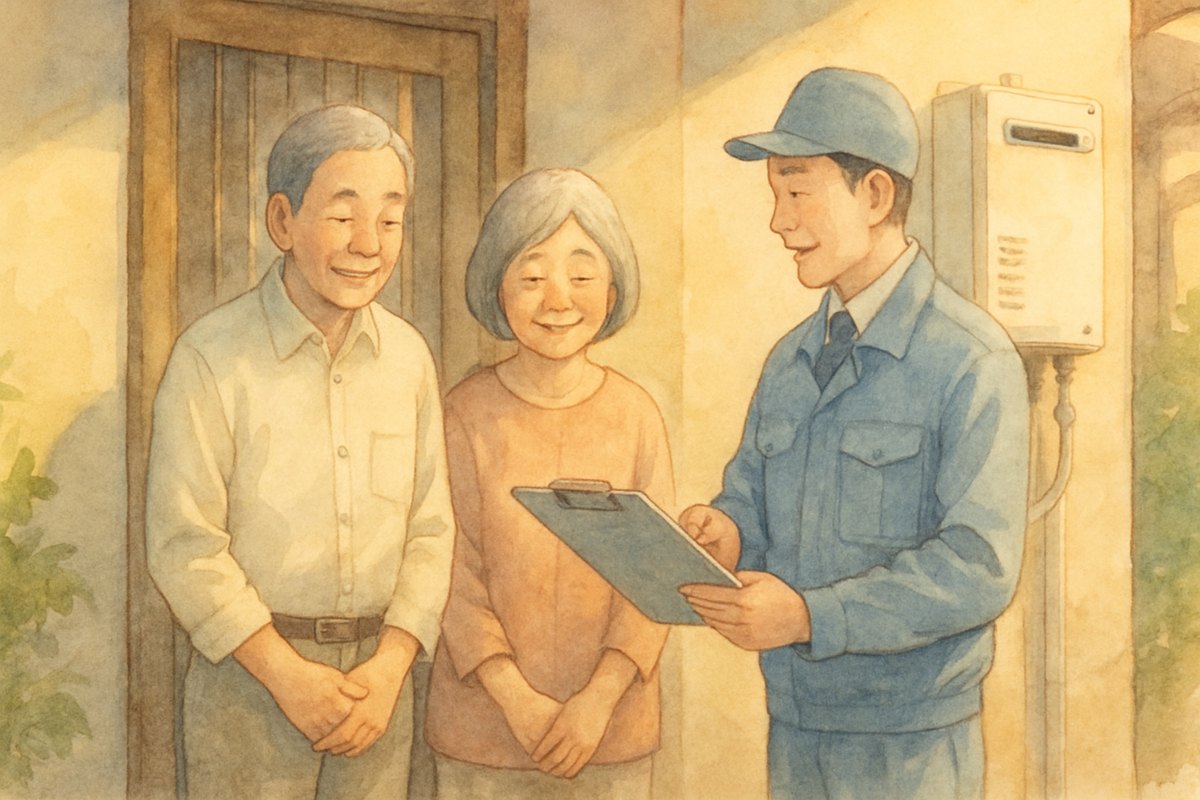 玄関先で見積もりの用紙を見せる作業員と、それを見ている60代の夫婦