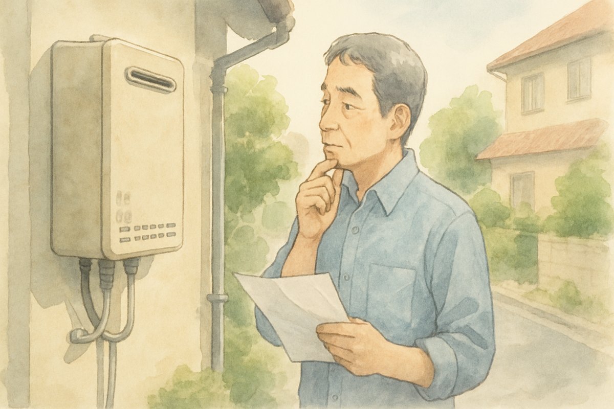 住宅の外壁に付いたガス給湯器の前で、書類を手にした男性が考えている