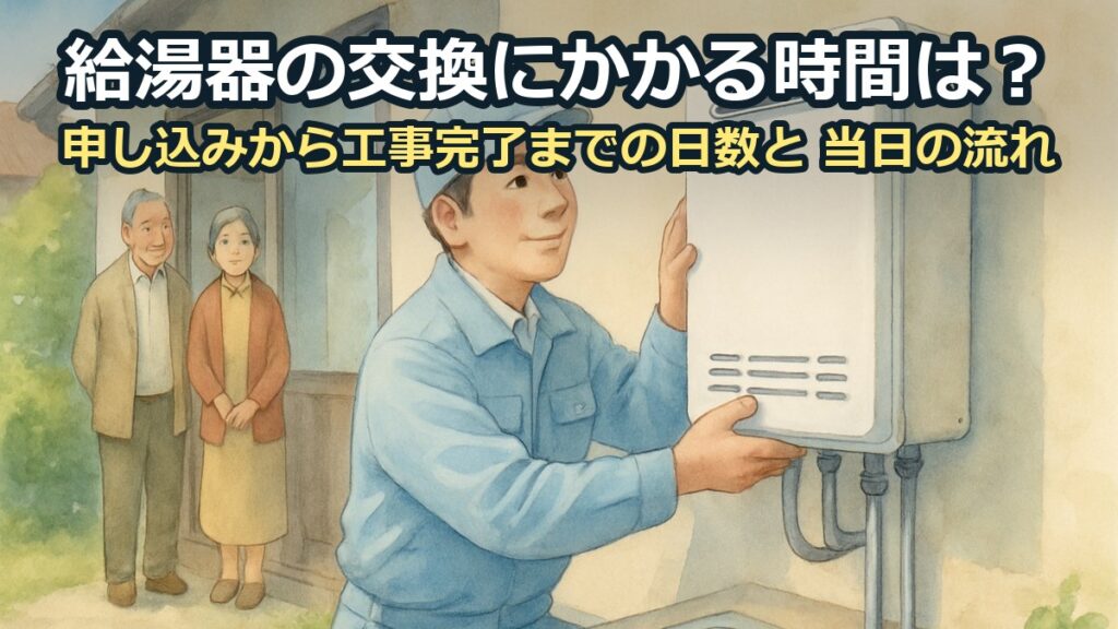住宅の外壁で作業員が新しい給湯器を取り付け、施主の夫婦が玄関先で見守っている