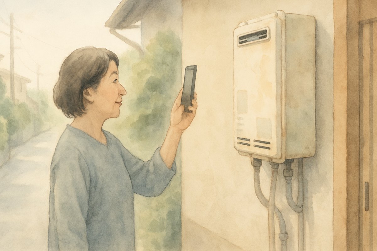 玄関横の給湯器にスマートフォンを向けて写真を撮り、見積もりを頼もうとしている女性
