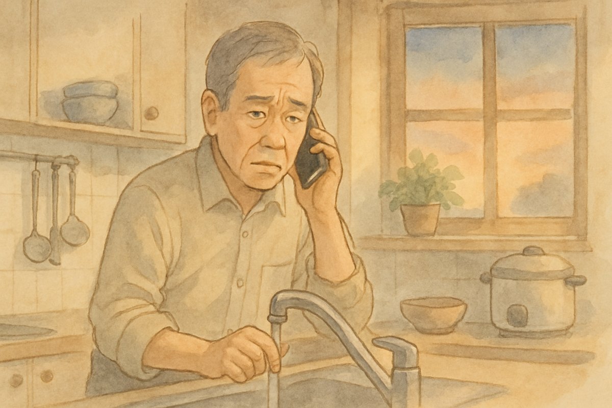 冷たい水しか出ない台所で、電話をかけて今日の工事ができるかを聞いている男性