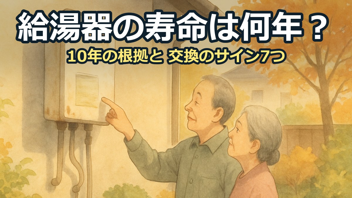 住宅の外壁に付いた古い給湯器の製造年のシールを、夫婦が見上げて確かめている
