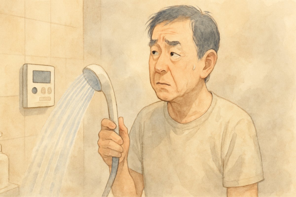 浴室でシャワーの温度が安定せず、リモコンのエラー表示に首をかしげる男性