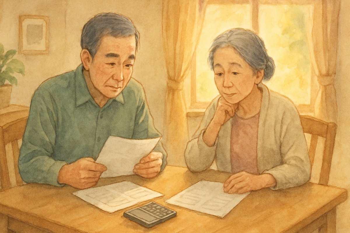 食卓で修理の見積書と交換の見積書を左右に並べ、電卓を前に比べている夫婦