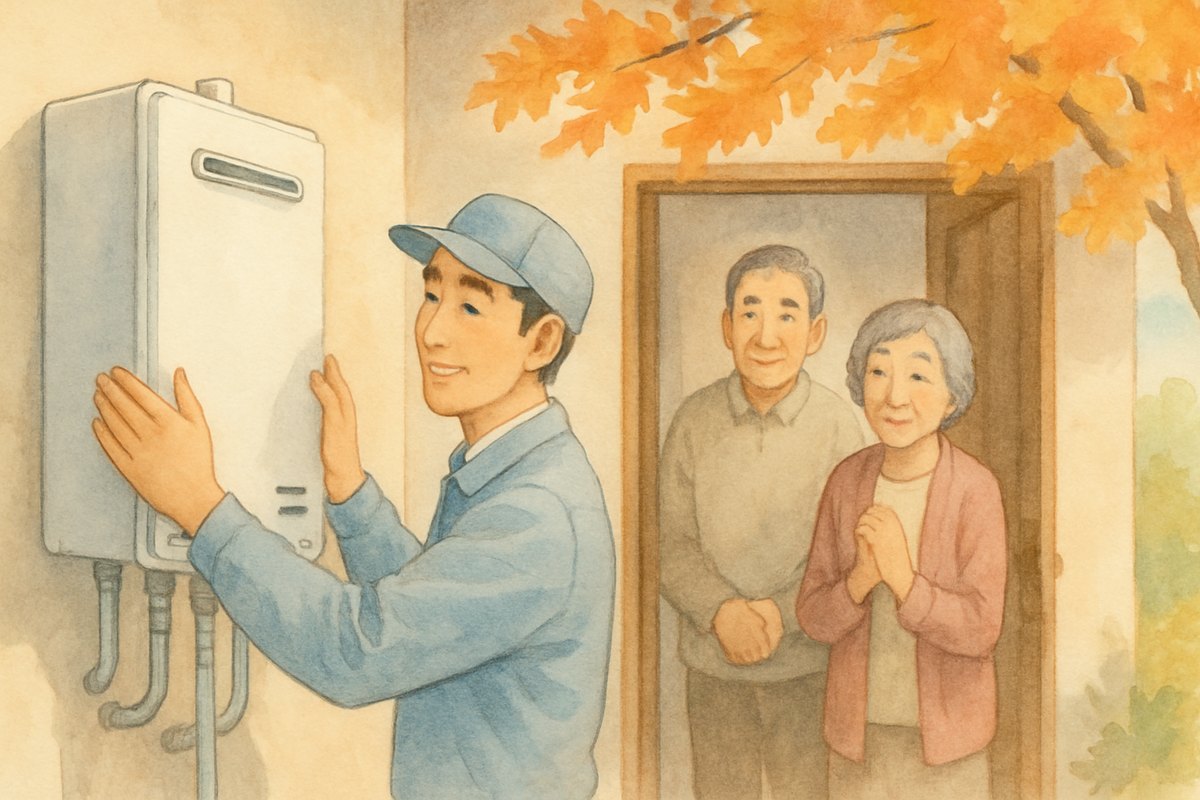 秋の晴れた日に、住宅の外壁で作業員が新しい給湯器を取り付け、家族が見守っている