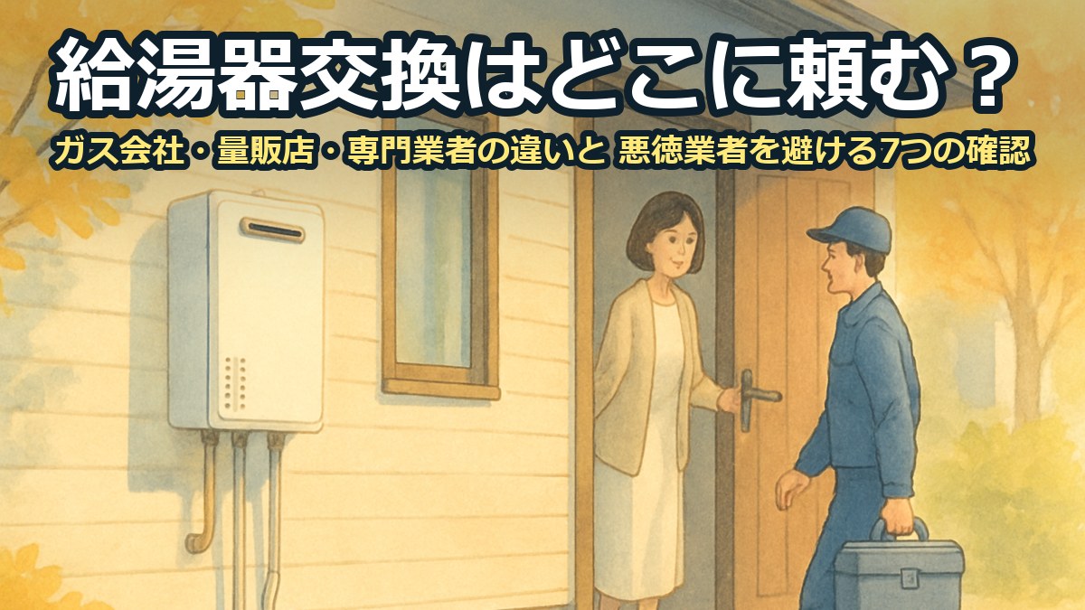 住宅の外壁に付いた給湯器の前で、工具箱を持った作業員を玄関で迎える家主