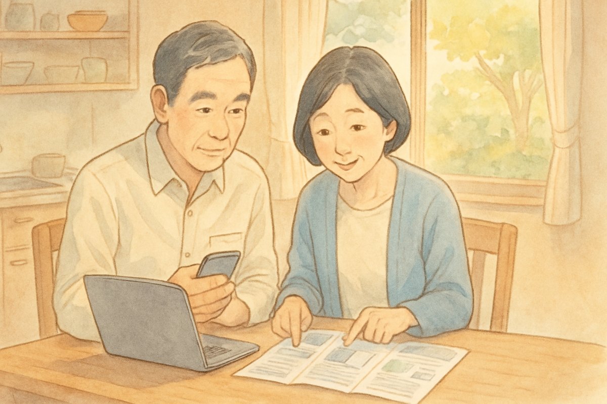 食卓でノートパソコンとスマホを並べ、給湯器交換の頼み先を比べる50代の夫婦