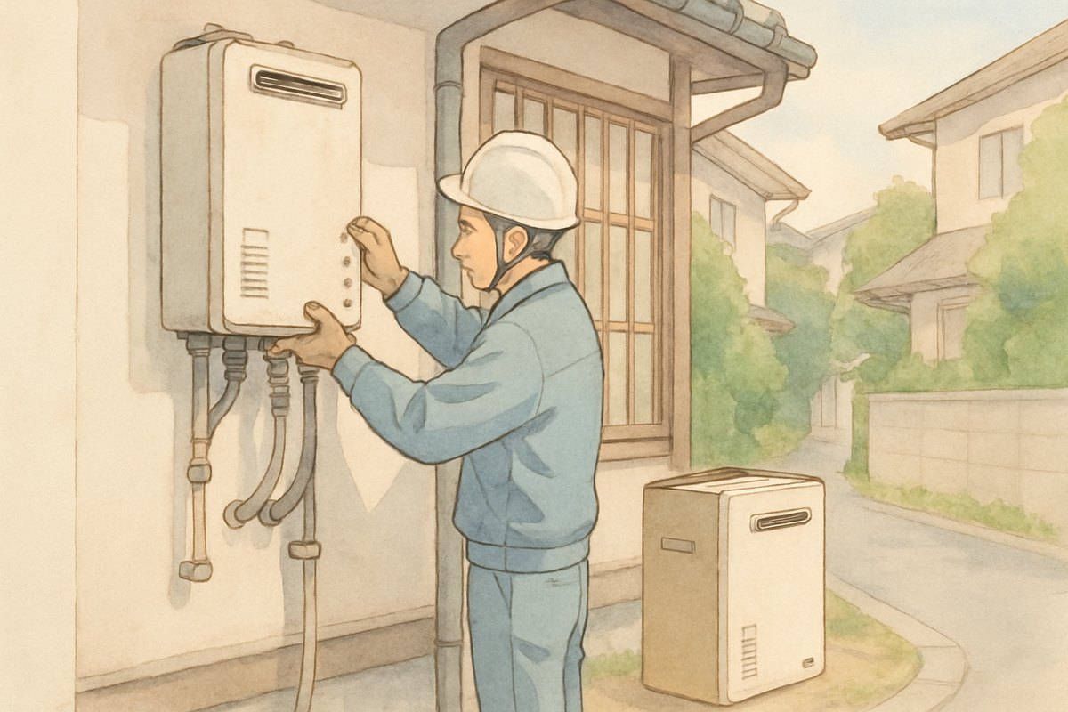 ガス会社の制服を着た作業員が、住宅の外壁から古い給湯器を取り外している