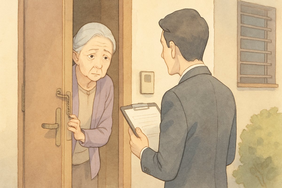 玄関のドアを少しだけ開けて、訪問営業の男性と話す高齢の女性