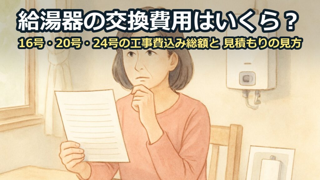 食卓で給湯器の見積書と電卓を前に考える女性