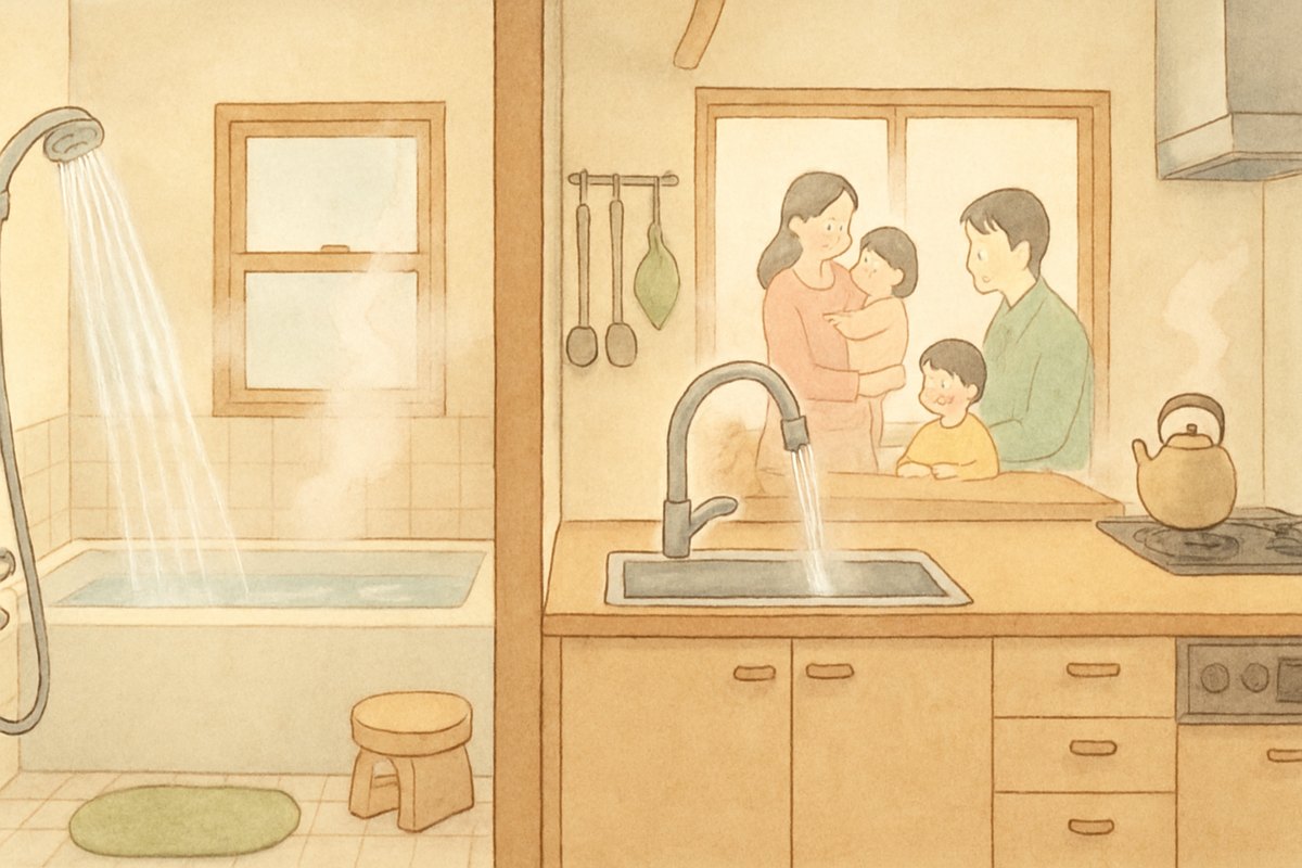 浴室のシャワーと台所の水栓から同時にお湯を使う家族。号数の違いを表すイラスト