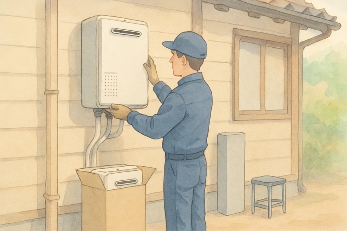 住宅の外壁に新しい給湯器を取り付ける作業員。配管カバーと据置台が横に置かれている