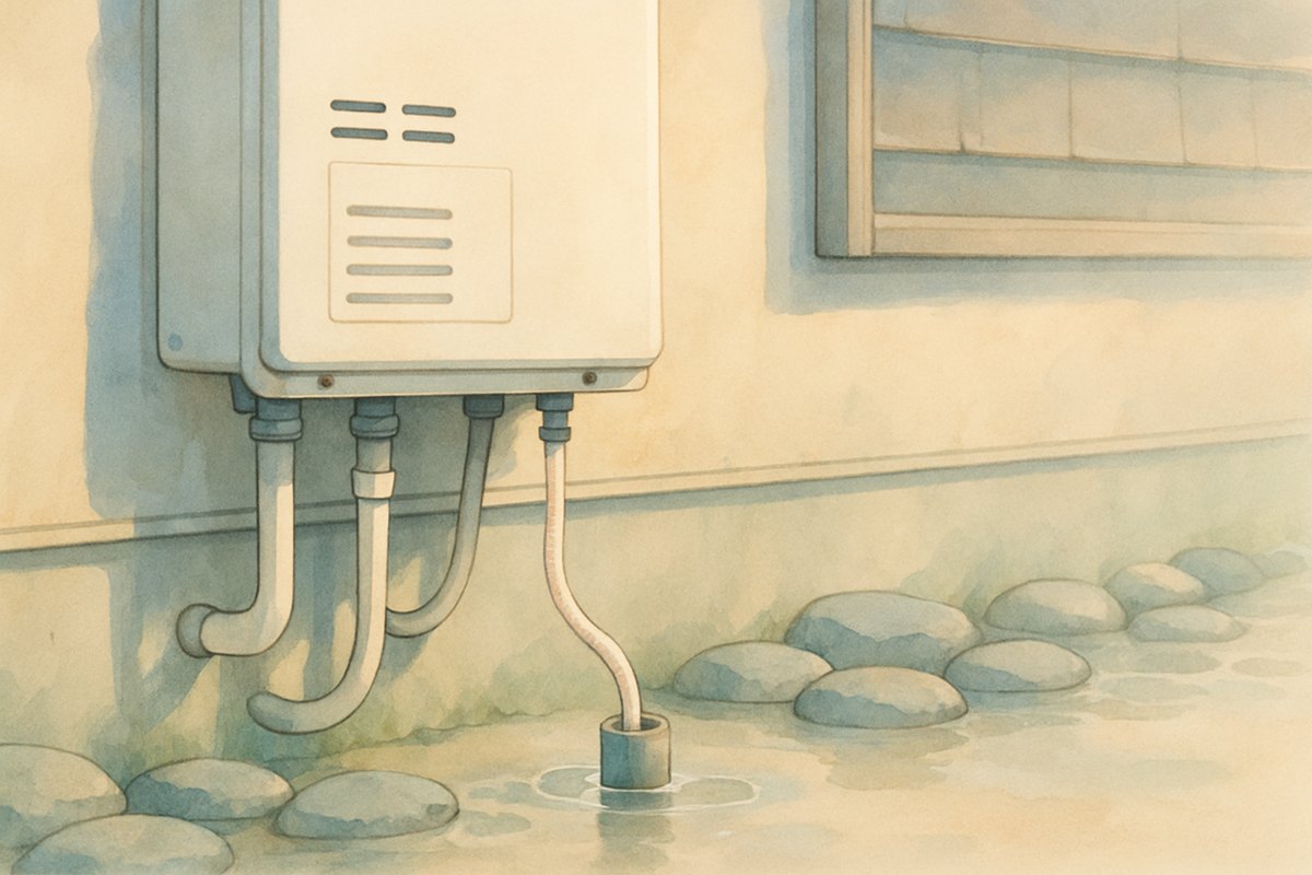 給湯器の下から細いドレン排水のホースが排水口につながっている様子