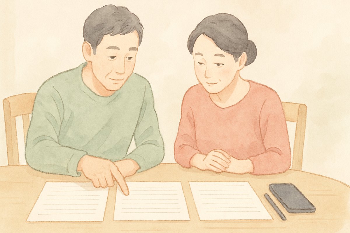 食卓で3社の見積書を並べて比べる夫婦