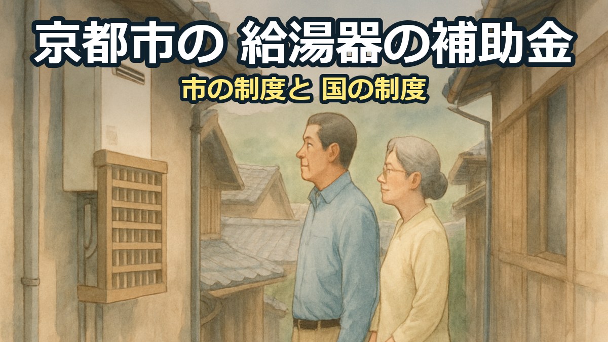 細い路地に面した家の壁で、格子の付いた給湯器を見る50代の夫婦