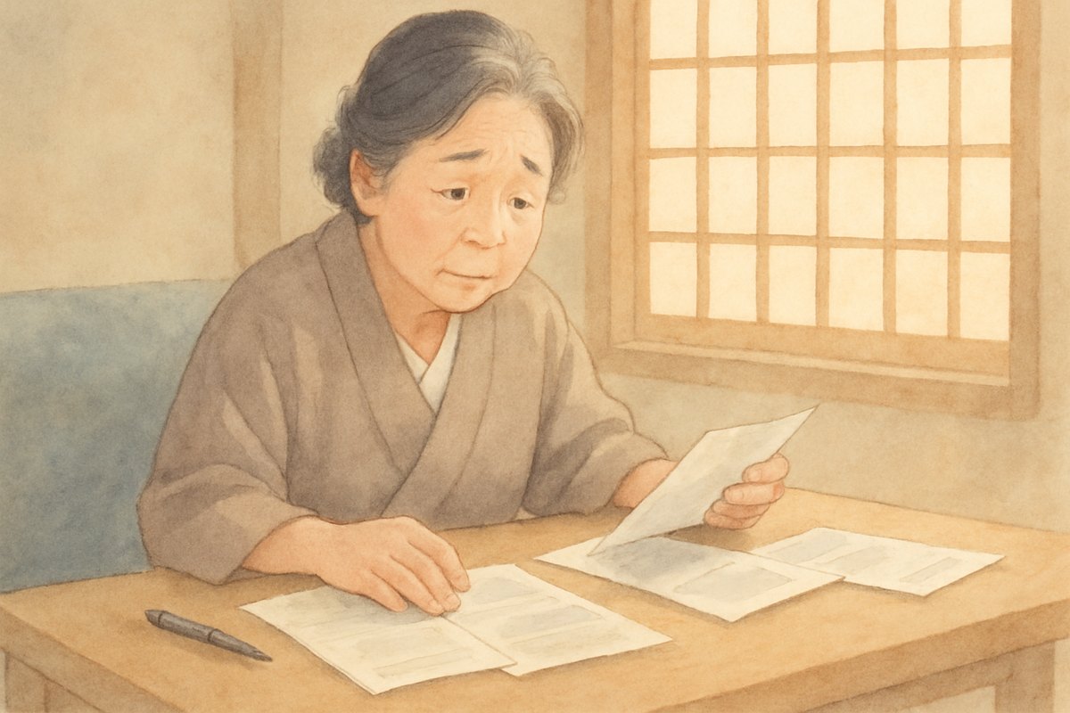 食卓に補助金の案内を何枚も広げて見比べる60代の女性