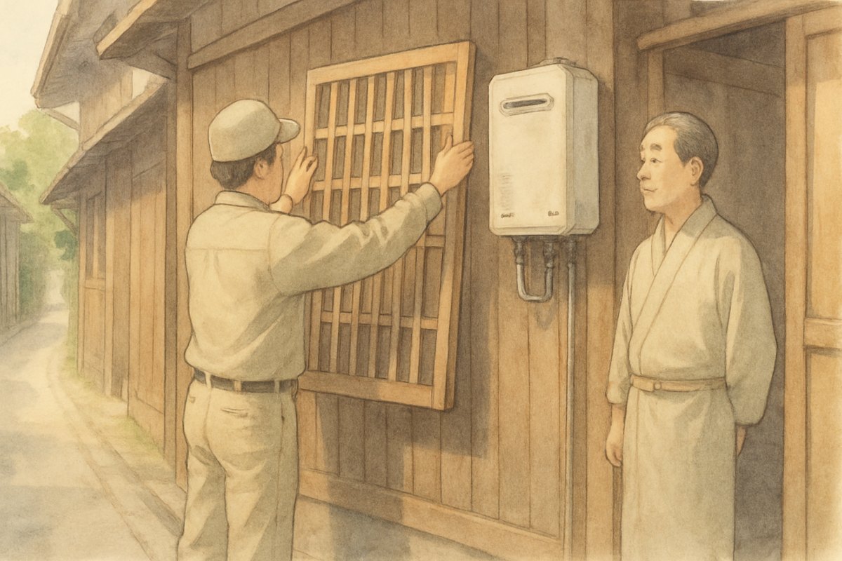 路地に面した木造の家の壁で、給湯器の横に木の格子を取り付ける職人と住人