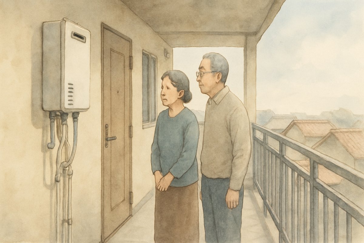 2階建ての賃貸住宅の外廊下で、玄関横の給湯器を見る年配の夫婦