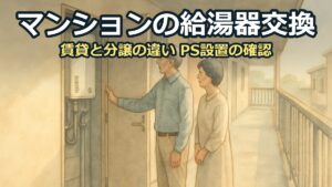 マンションの玄関横にある扉を開けて、中に付いた給湯器を夫婦が確かめている