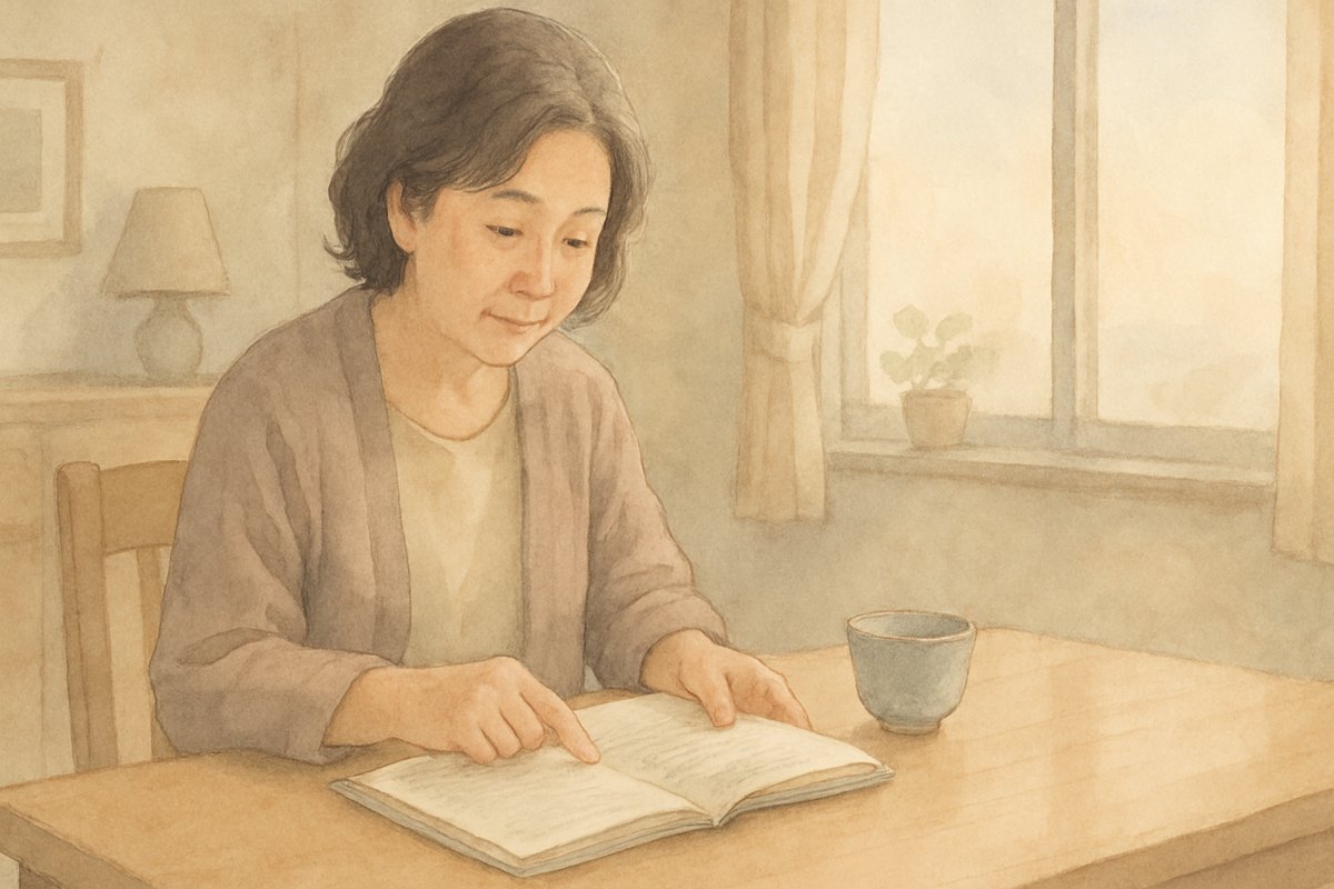 食卓で賃貸借契約書の冊子を開き、設備の欄を指でたどって確かめている女性