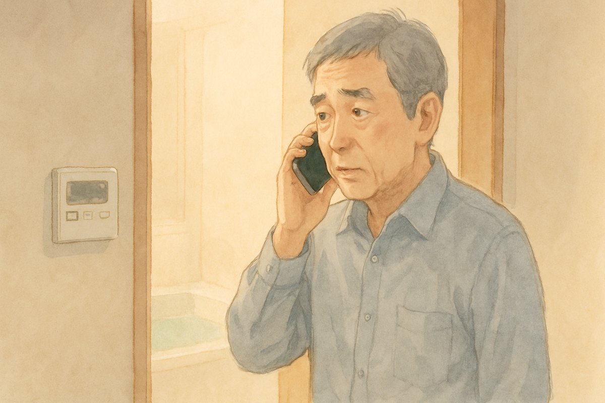 浴室のリモコンを見ながら、スマートフォンで管理会社に連絡している男性