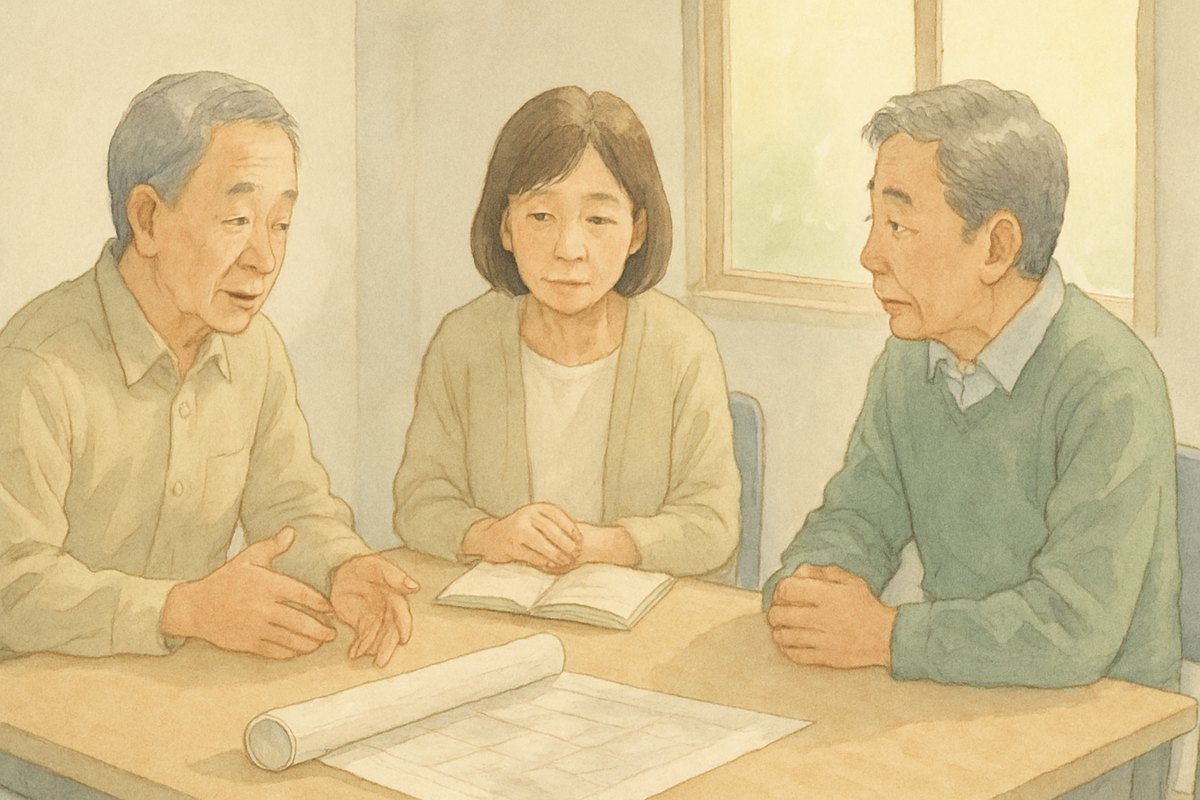 マンションの集会室で、管理規約の冊子と工事の図面を広げて相談している人たち