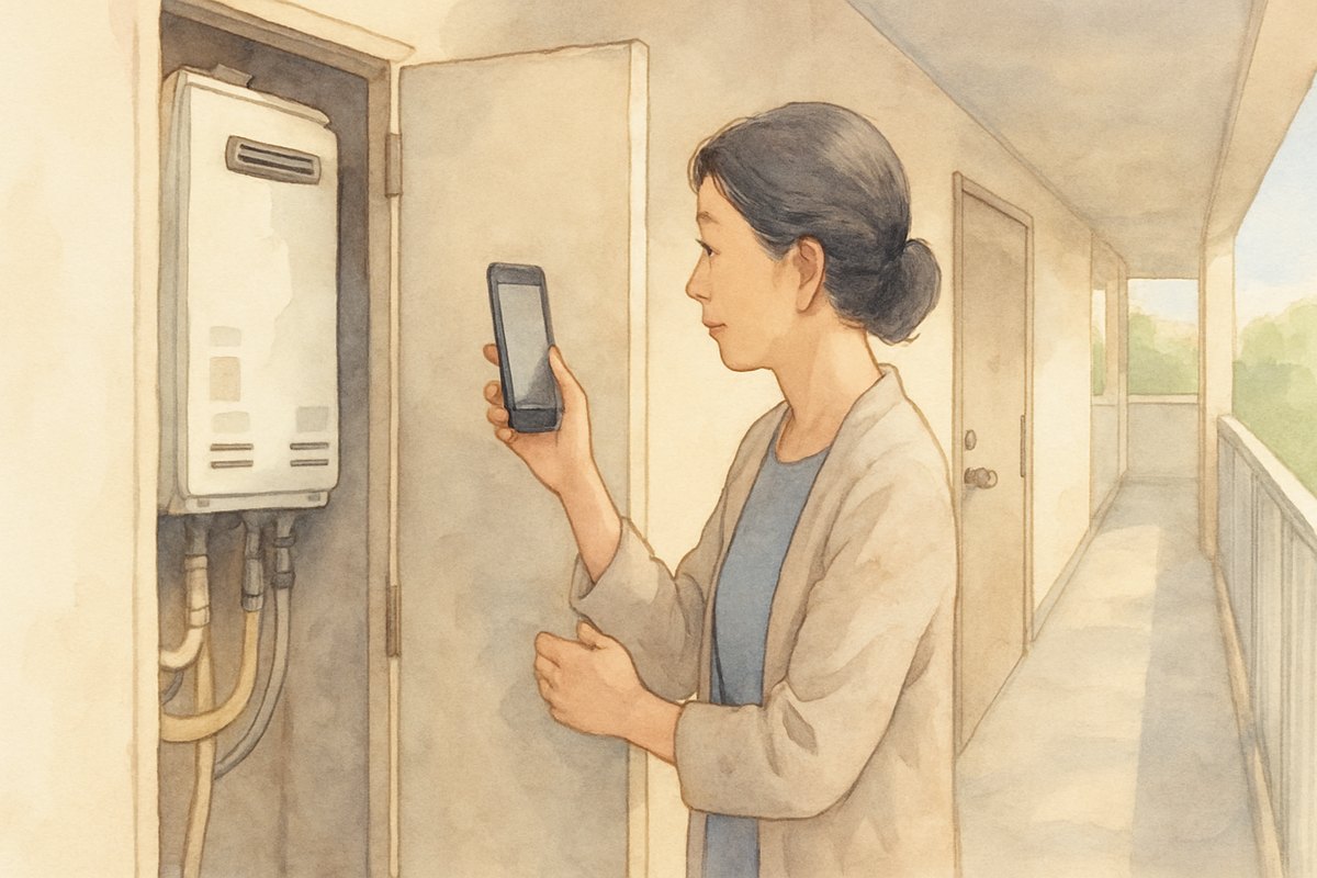 マンションの共用廊下で、玄関横の扉を開けて中の給湯器をスマートフォンで撮っている女性