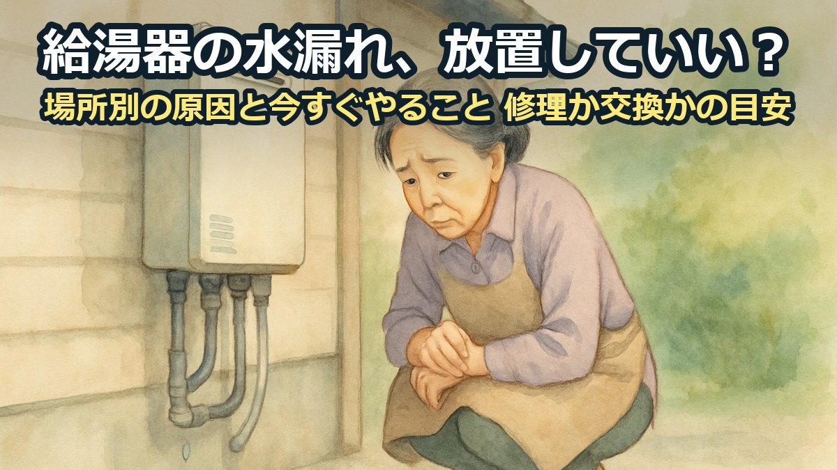 屋外の給湯器の下に水がたまっているのを見つけて、しゃがんでのぞき込む女性