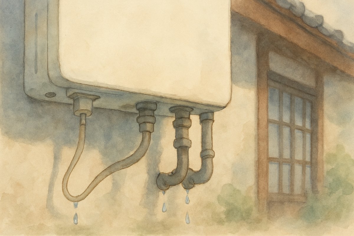 壁掛けの給湯器の下側。水抜き栓、細いドレン配管、配管のつなぎ目のそれぞれから水滴が落ちている様子