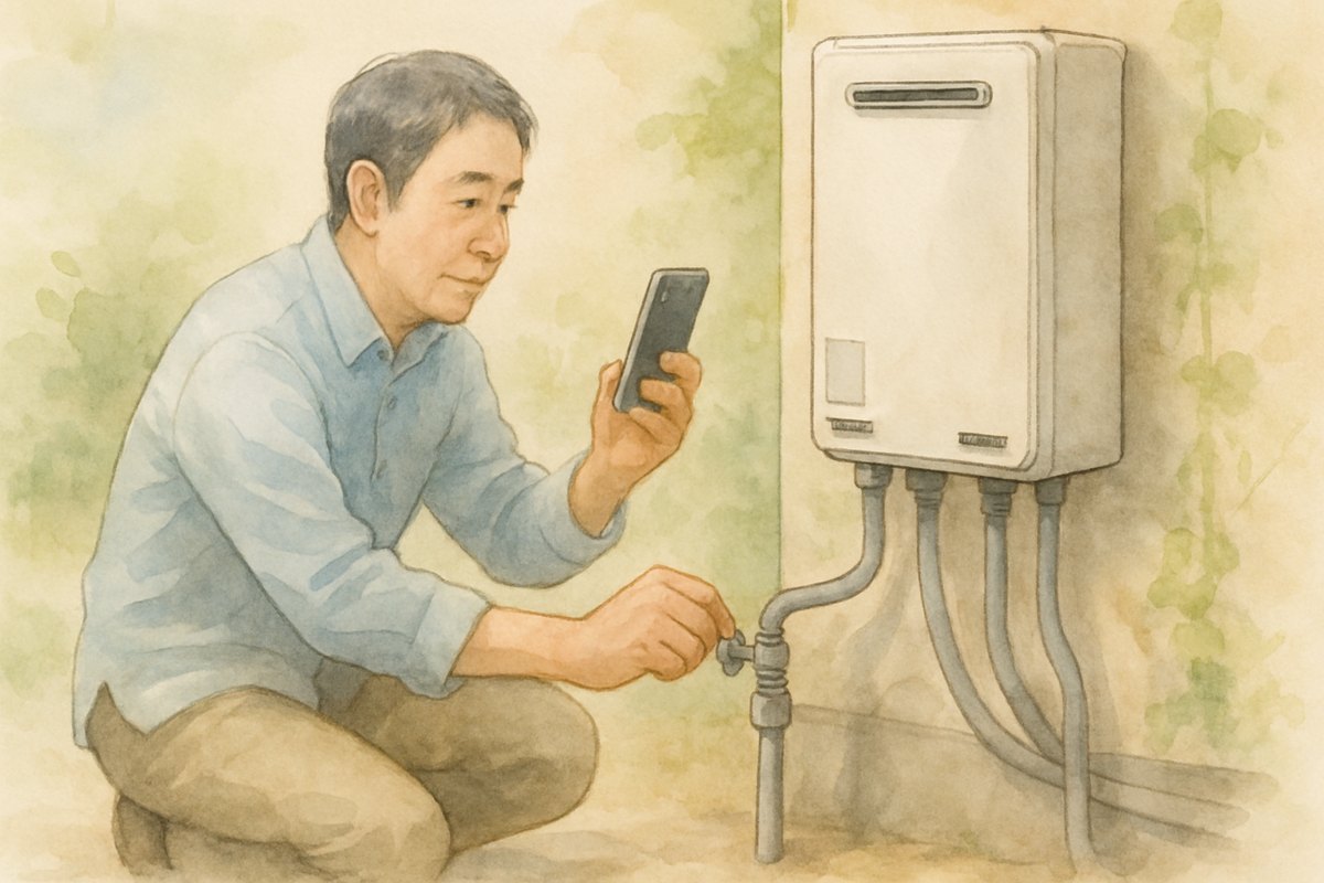 給湯器の下の配管にある止水栓のバルブを手で閉める男性。もう一方の手にスマートフォンを持っている