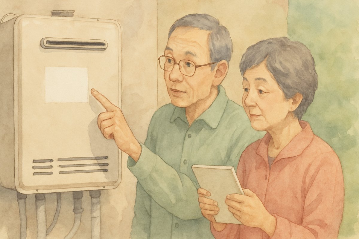 給湯器の側面に貼られた型番と製造年のシールを、老眼鏡をかけて確かめる夫婦