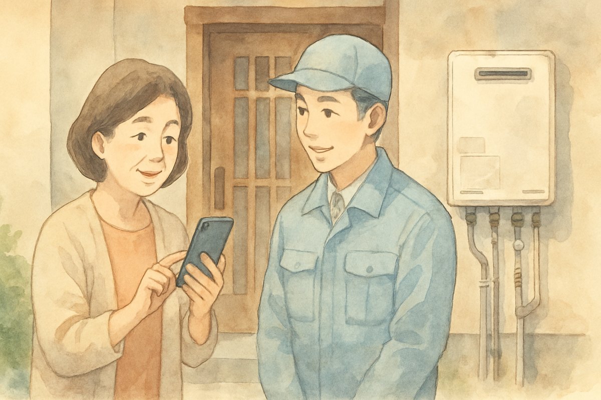 玄関先で作業服の担当者に給湯器の写真を見せながら相談する女性