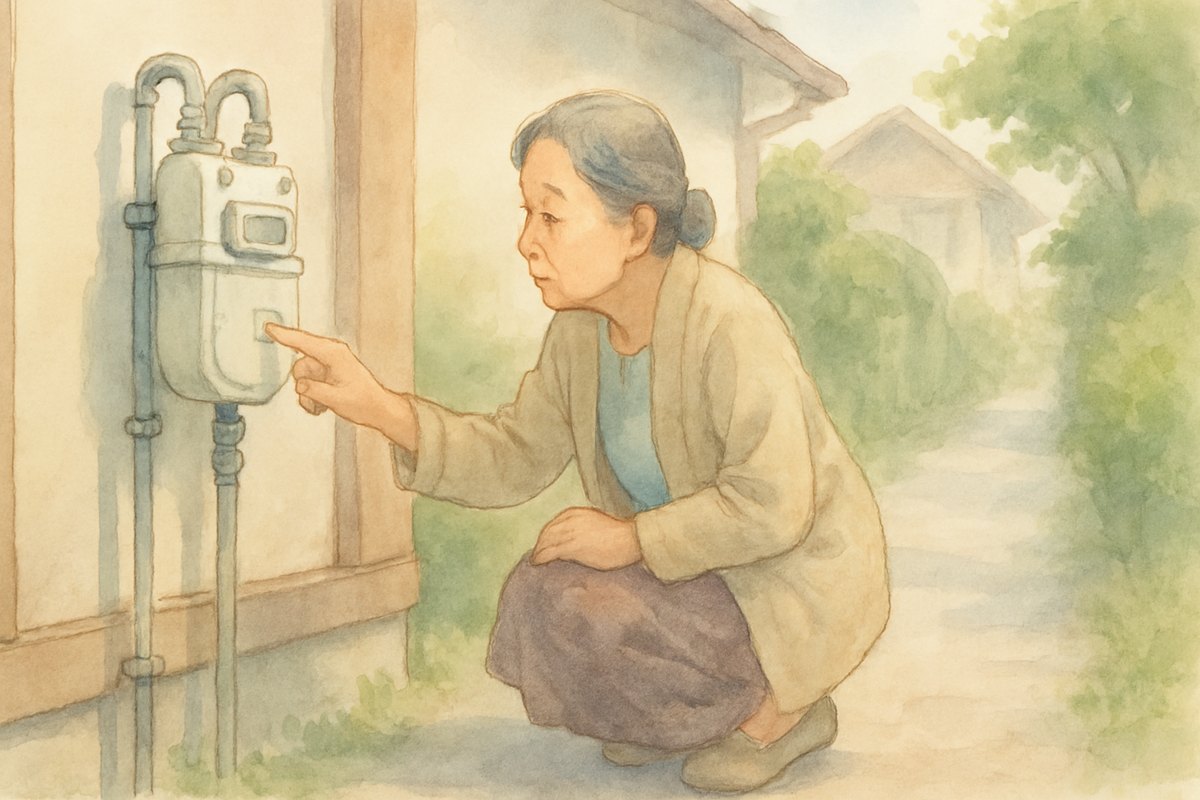 家の外壁のガスメーターの前にしゃがみ、ボタンを押して確かめる女性