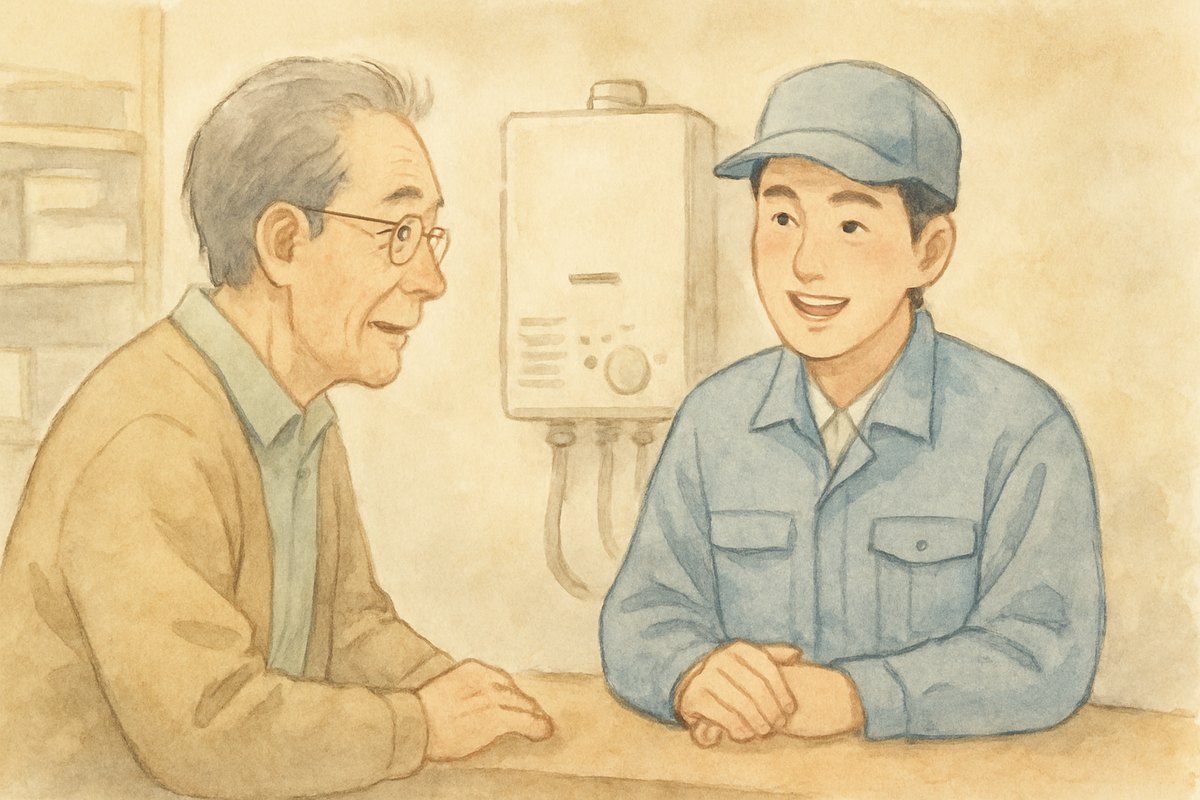 地元のガス機器店のカウンターで、作業着の店員に相談する男性