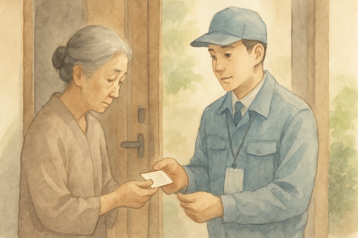 玄関先で、訪ねてきた作業着の人の身分証を確かめる年配の女性