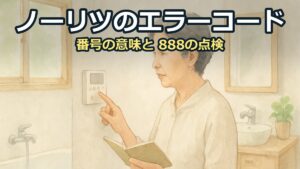 浴室の壁にある給湯器のリモコンを、手帳を持った女性が近くで確かめている