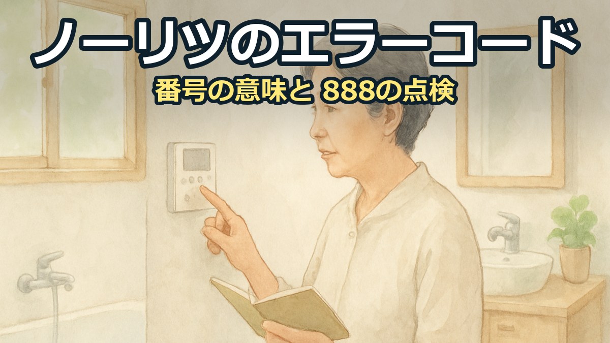 浴室の壁にある給湯器のリモコンを、手帳を持った女性が近くで確かめている