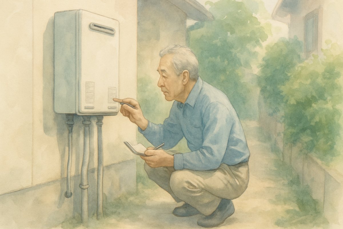 屋外の給湯器の横にしゃがみ、本体のシールを見ながら男性がメモを取っている