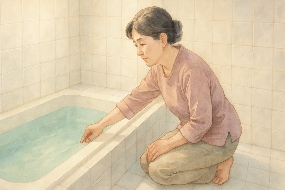 浴室で膝をつき、浴槽にためた水の量を女性が確かめている