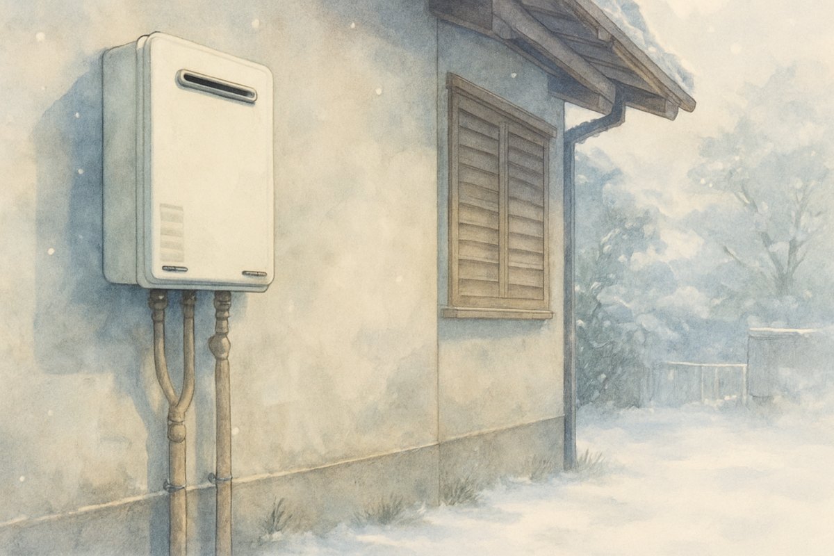 雪の積もった冬の朝、外壁に取り付けられた給湯器と、その下の配管