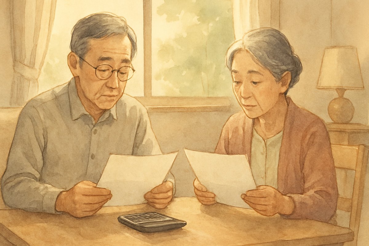 居間のテーブルで2枚の紙と電卓を並べ、修理と交換の金額を見比べる年配の夫婦